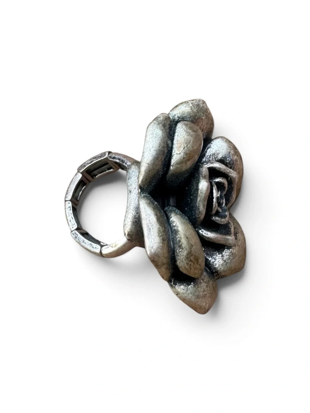 Vintage-Inspired Silver Tone Oversized Rose Flower Statement Ring Boho Artisan